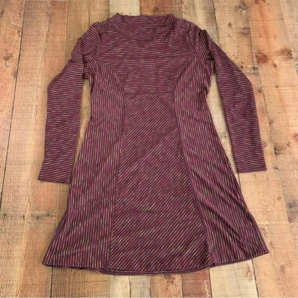Prana womens long sleeve cowl neck t-shirt dress in purple striped -M